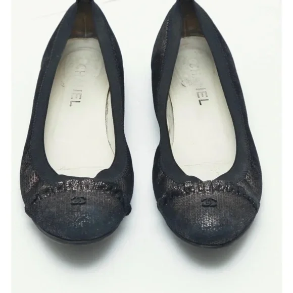 CHANEL Ballet Flats Ruffles Metallic Black Copper CC Logo Stretch Spirit Sz 39.5 - Picture 5 of 10